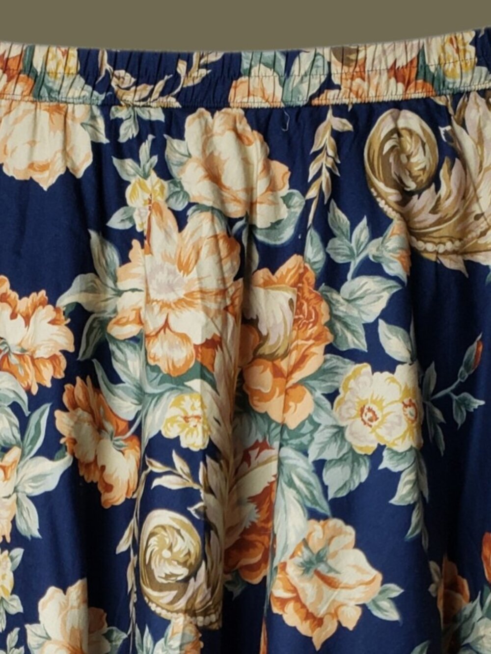 Vintage Floral Print Elastic Waist Midi Skirt In Navy & Orange One Size - Picture 7 of 10